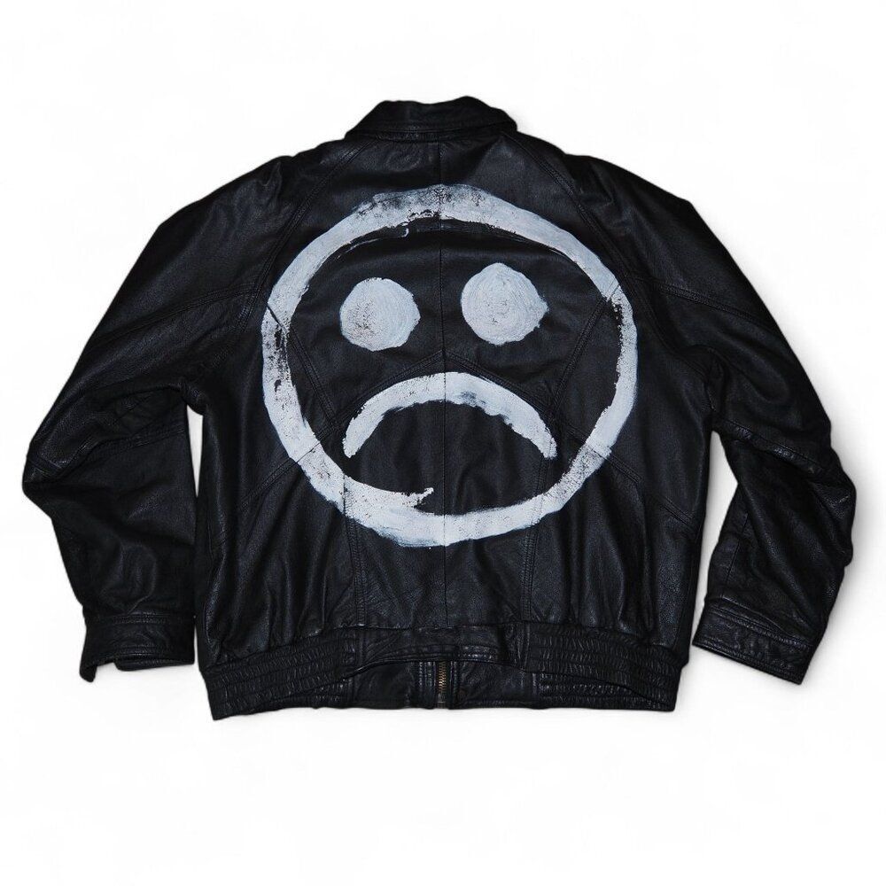 Rentini VTG Leather Grunge Punk Bomber Jacket "Sad Face" Men's L Black‎ / White